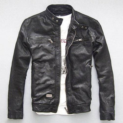 Buycenter Men's Slim-fit Leather Motorcycle Jacket - Genuine Goatskin & Cowhide - Buy Center US