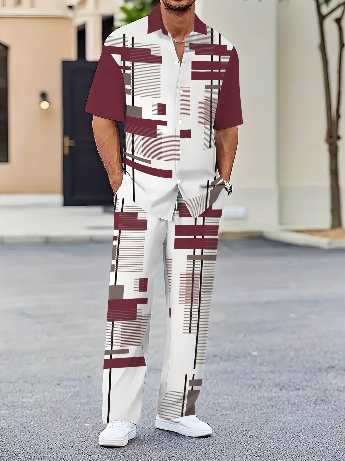Men’s Casual Print Suit Set - Polyester Lapel Button Knit Fabric - Buy Center US