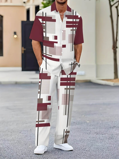 Men’s Casual Print Suit Set - Polyester Lapel Button Knit Fabric - Buy Center US