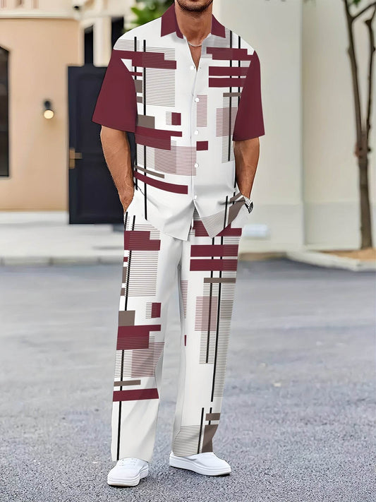 Men’s Casual Print Suit Set - Polyester Lapel Button Knit Fabric - Buy Center US