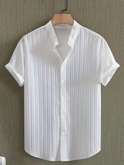 Men's Casual Striped Short Sleeve Shirt - Mandarin Collar Summer Top - Buy Center US