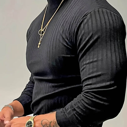 Solid Stripe Knit Turtle Neck T-shirt - Comfy Long Sleeve for Men's Fitness - Buy Center US