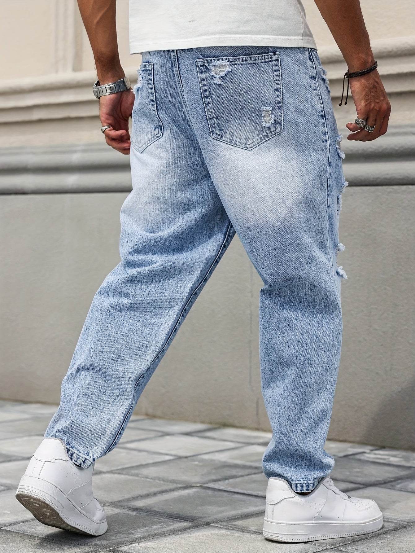 Men's Distressed Blue Denim Harem Pants - Loose Fit, Casual All-Season Wear - Buy Center US