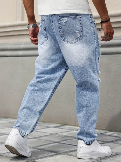 Men's Distressed Blue Denim Harem Pants - Loose Fit, Casual All-Season Wear - Buy Center US