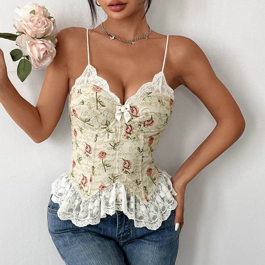 Retro Jacquard Stitching Lace Spaghetti-Strap Vest - Sexy Floral Style - Buy Center US