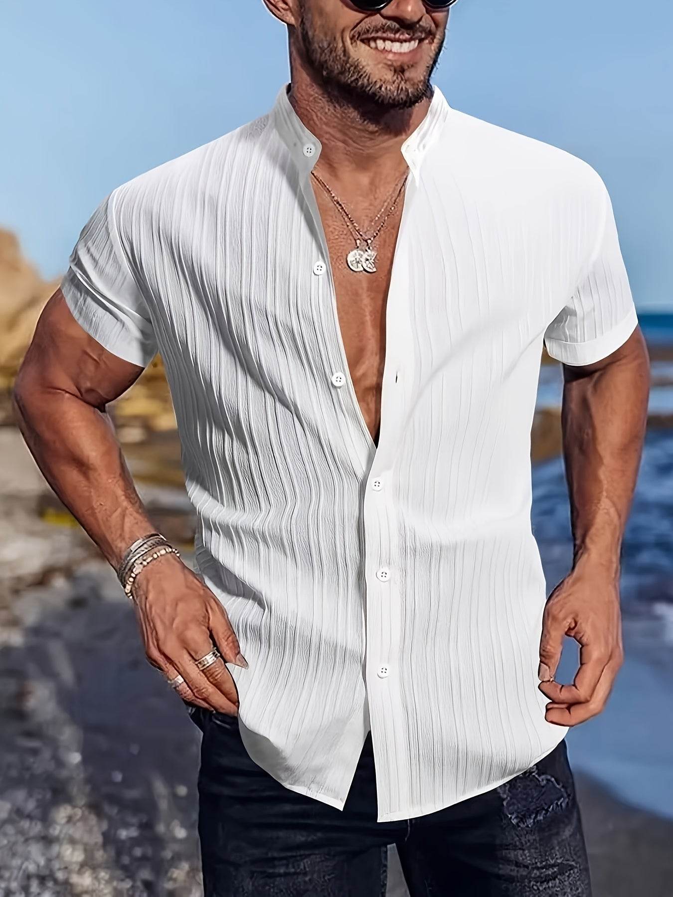Men's Casual Striped Short Sleeve Shirt - Mandarin Collar Summer Top - Buy Center US
