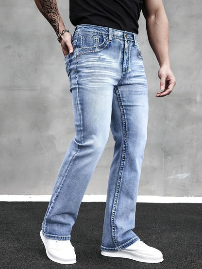 ESDVQ Men's Slim-Fit Vintage Bell-Bottom Jeans - Embroidered Curved Style - Buy Center US