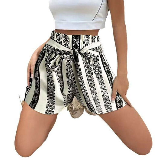 Printed Casual Shorts for Women - High Waist Commuter Style, Belted Design - Buy Center US