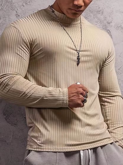 Solid Stripe Knit Turtle Neck T-shirt - Comfy Long Sleeve for Men's Fitness - Buy Center US