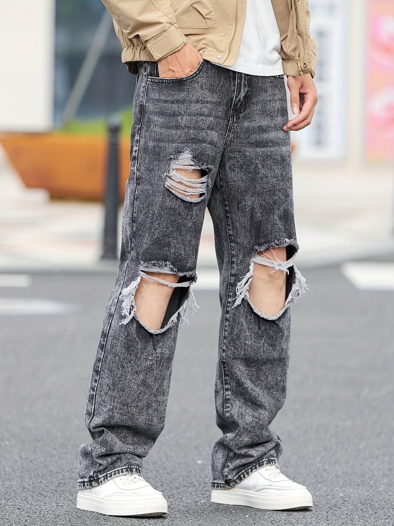 Men's Casual Wide-Leg Denim Jeans - Dark Grey Ripped Trousers, All-Season - Buy Center US