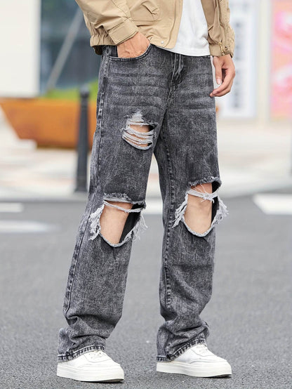 Men's Casual Wide-Leg Denim Jeans - Dark Grey Ripped Trousers, All-Season - Buy Center US