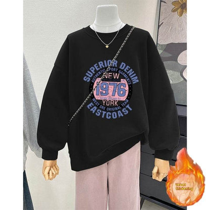 Retro Loose Round Neck Hoodie for Women - Cartoon Print, Long Sleeve - Buy Center US