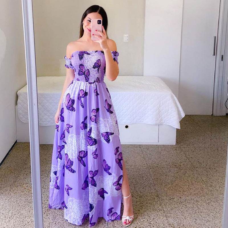 Off-Shoulder Printed Butterfly Dress - Rainbow Colors & Swing Style - Buy Center US