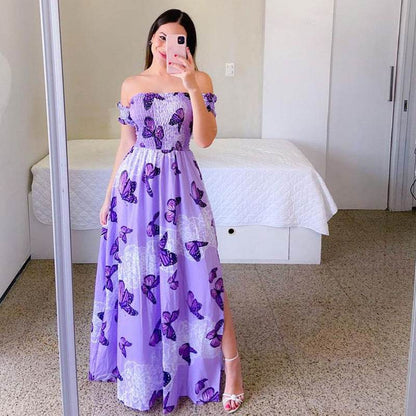 Off-Shoulder Printed Butterfly Dress - Rainbow Colors & Swing Style - Buy Center US