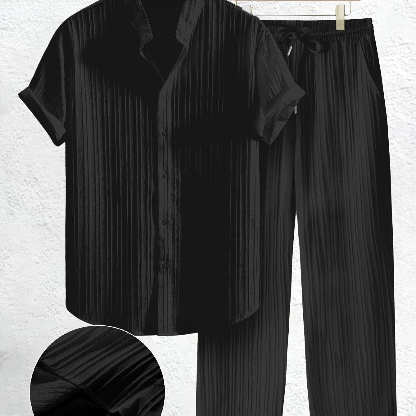 Men's Casual Summer Co-ord Set - Short Sleeve Shirt & Pants, Solid Color - Buy Center US