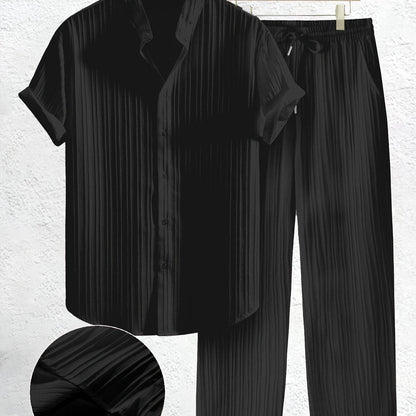 Men's Casual Summer Co-ord Set - Short Sleeve Shirt & Pants, Solid Color - Buy Center US