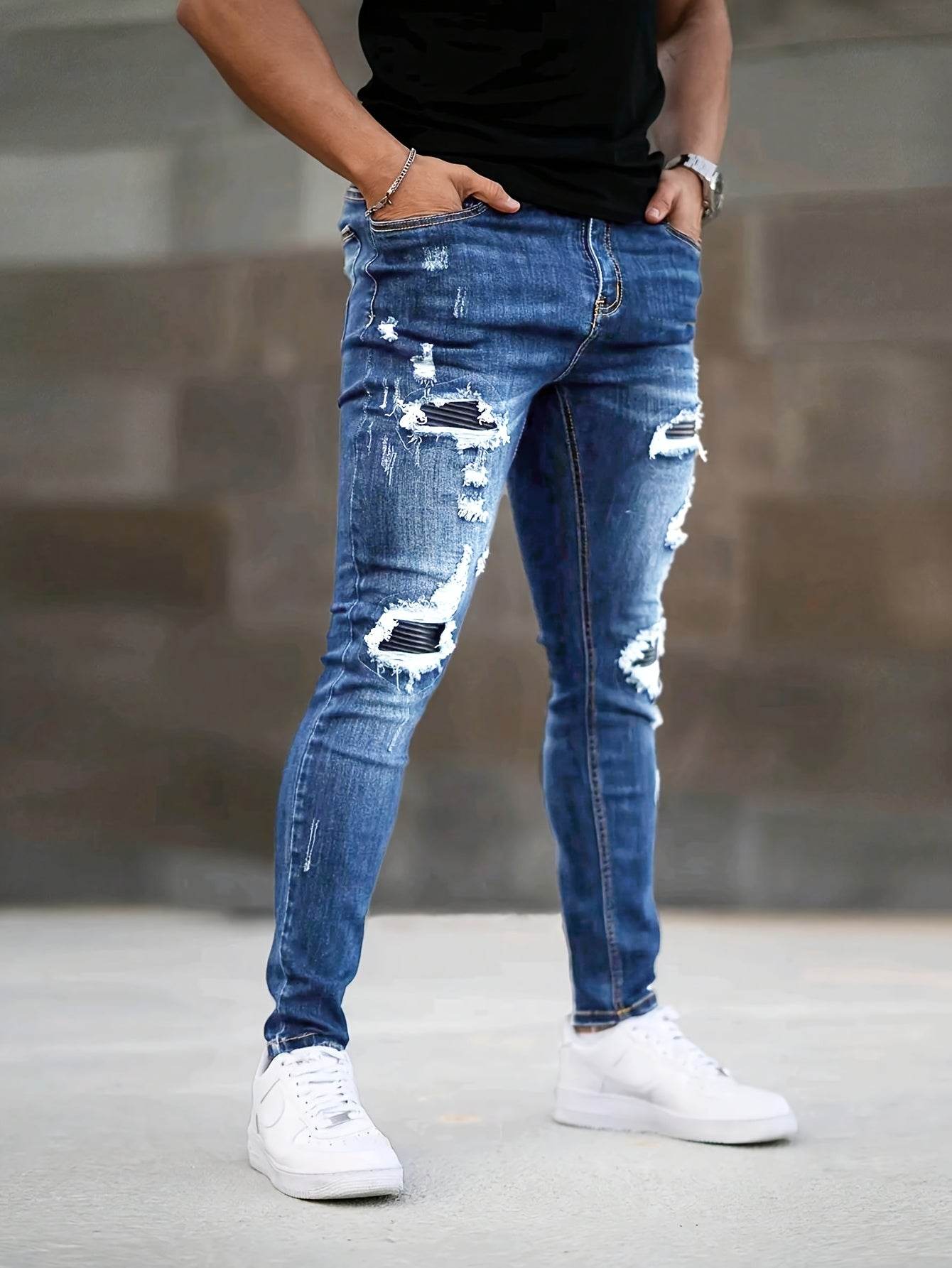 Men's Slim Fit Ripped Jeans - Stretch Denim Casual Streetwear, Blue - Buy Center US