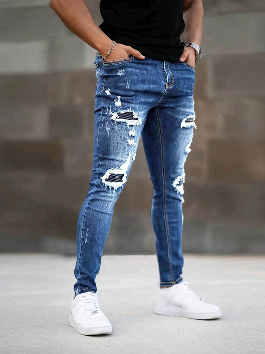 Men's Slim Fit Ripped Jeans - Stretch Denim Casual Streetwear, Blue - Buy Center US