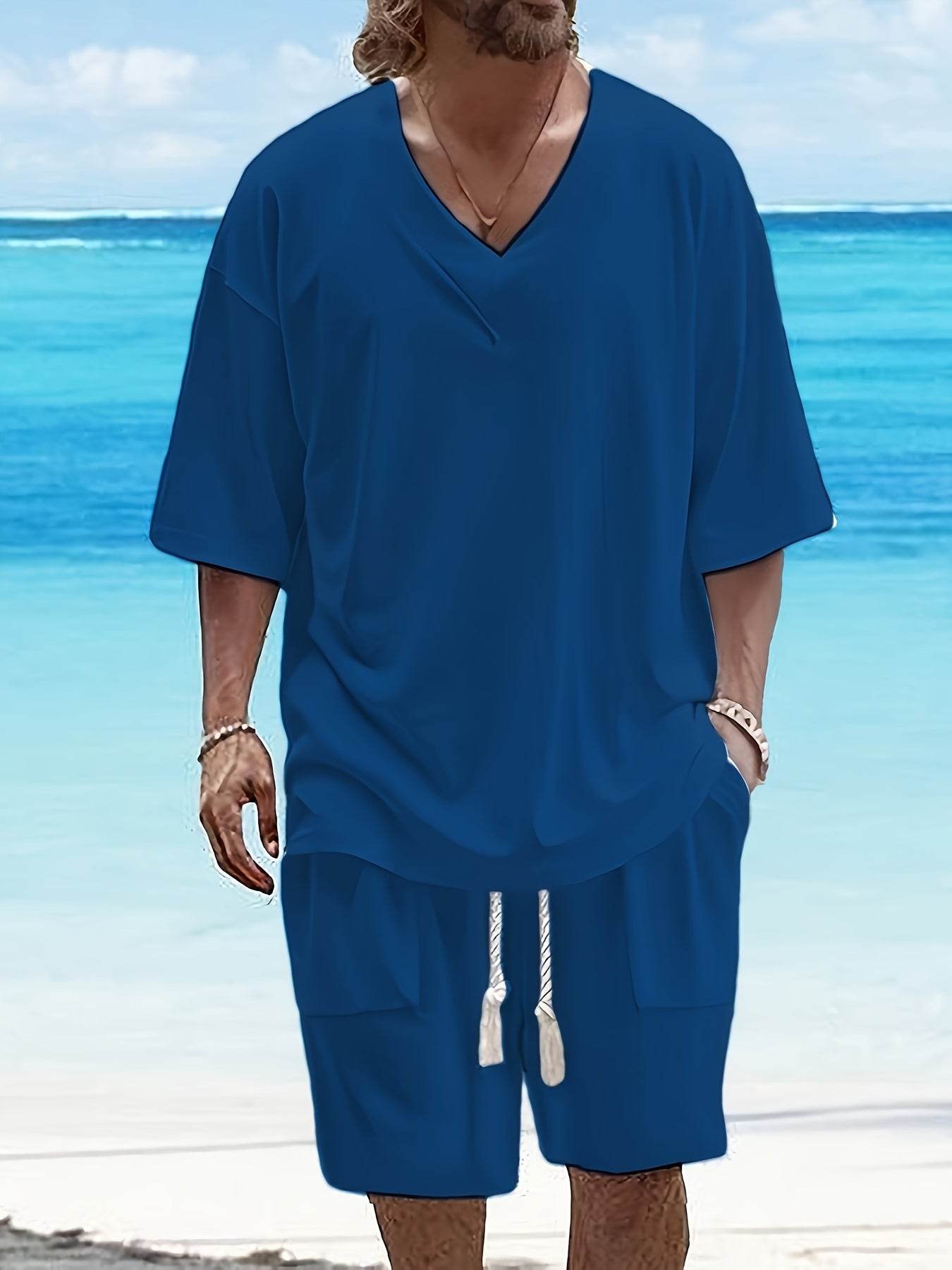 Summer Men's Casual V-Neck T-Shirt & Shorts Set - Trendy Polyester Outfit - Buy Center US