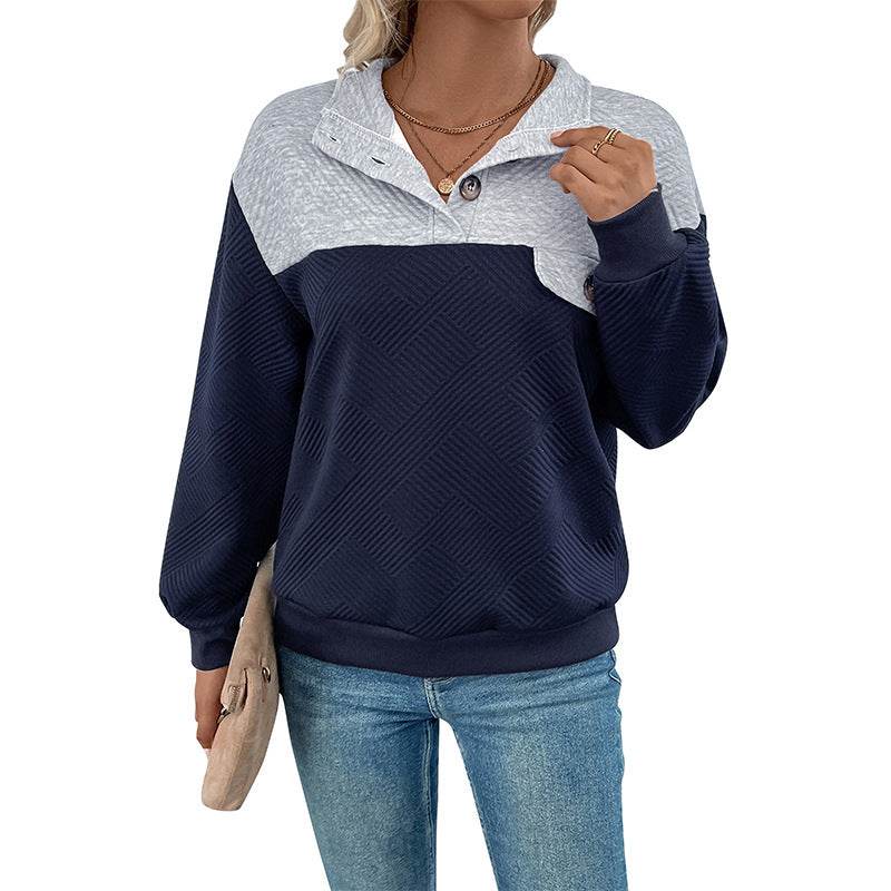Women's Long-Sleeved Lapel Sweater - Color Matching in Dark Blue - Buy Center US
