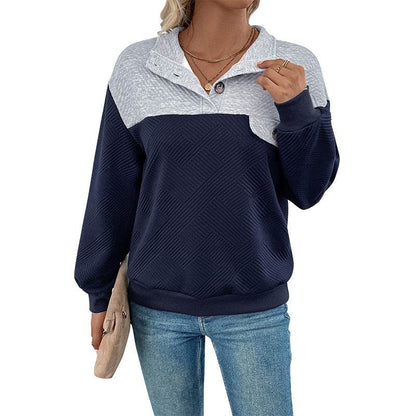 Women's Long-Sleeved Lapel Sweater - Color Matching in Dark Blue - Buy Center US
