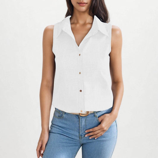 Women's Cotton Linen Button Shirt - Stylish Sleeveless Cardigan Top - Buy Center US