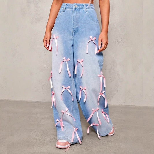 High Waist Wide Leg Jeans - Chic Bow Detail, Stylish Denim Trousers - Buy Center US