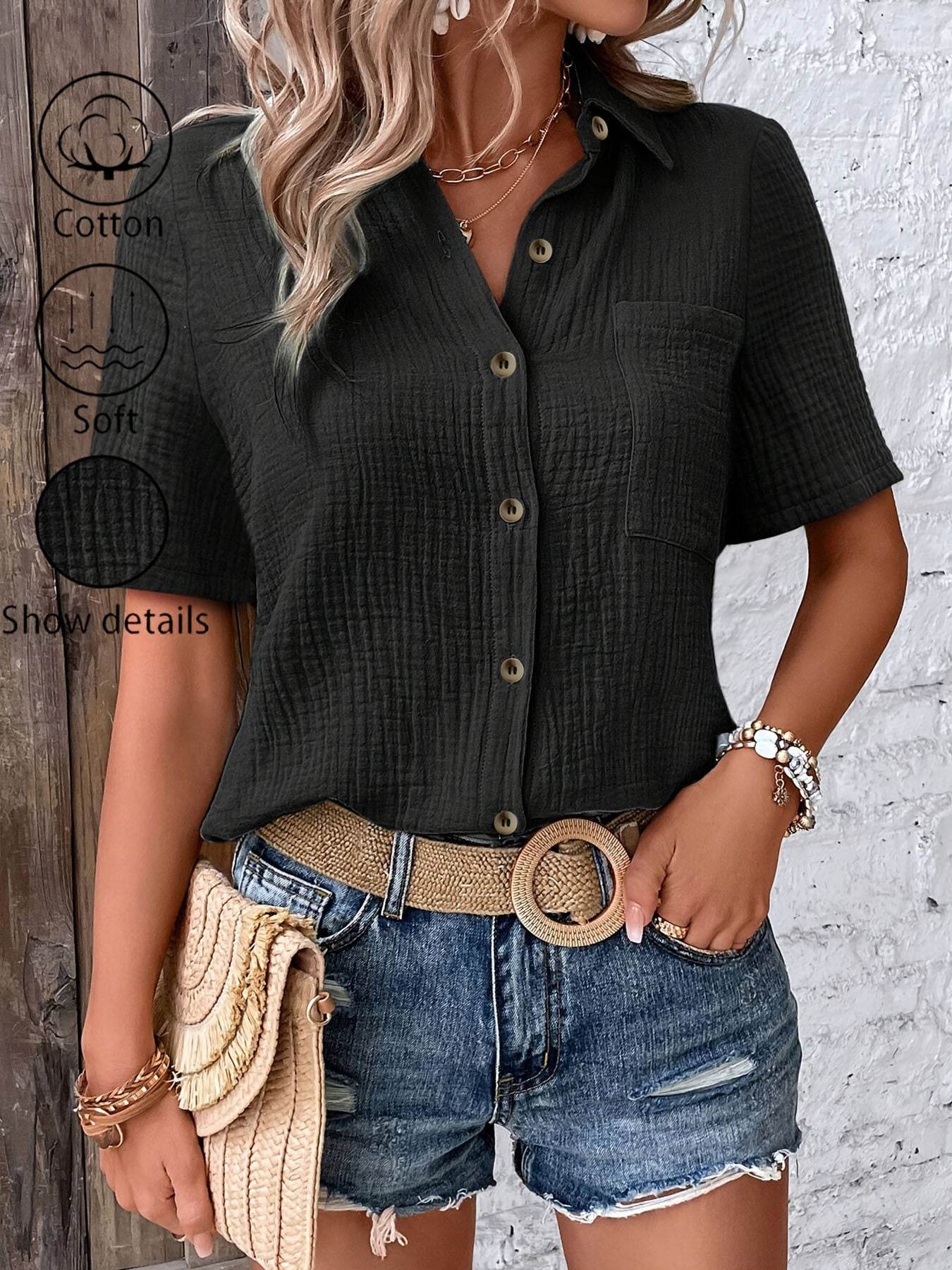 Hic Women's V-Neck Blouse - Casual Short Sleeve Button-Up, Solid White - Buy Center US