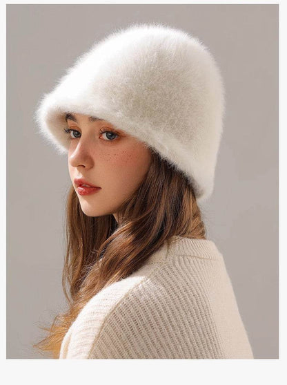 Big Head Circumference Real Rabbit Plush Hat - Milky White & Khaki - Buy Center US