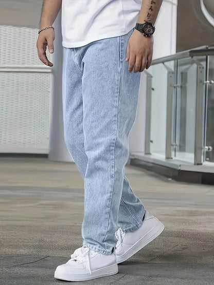 Men's Loose Fit Straight Leg Jeans - Washed Black Cotton Blend, Casual Style - Buy Center US