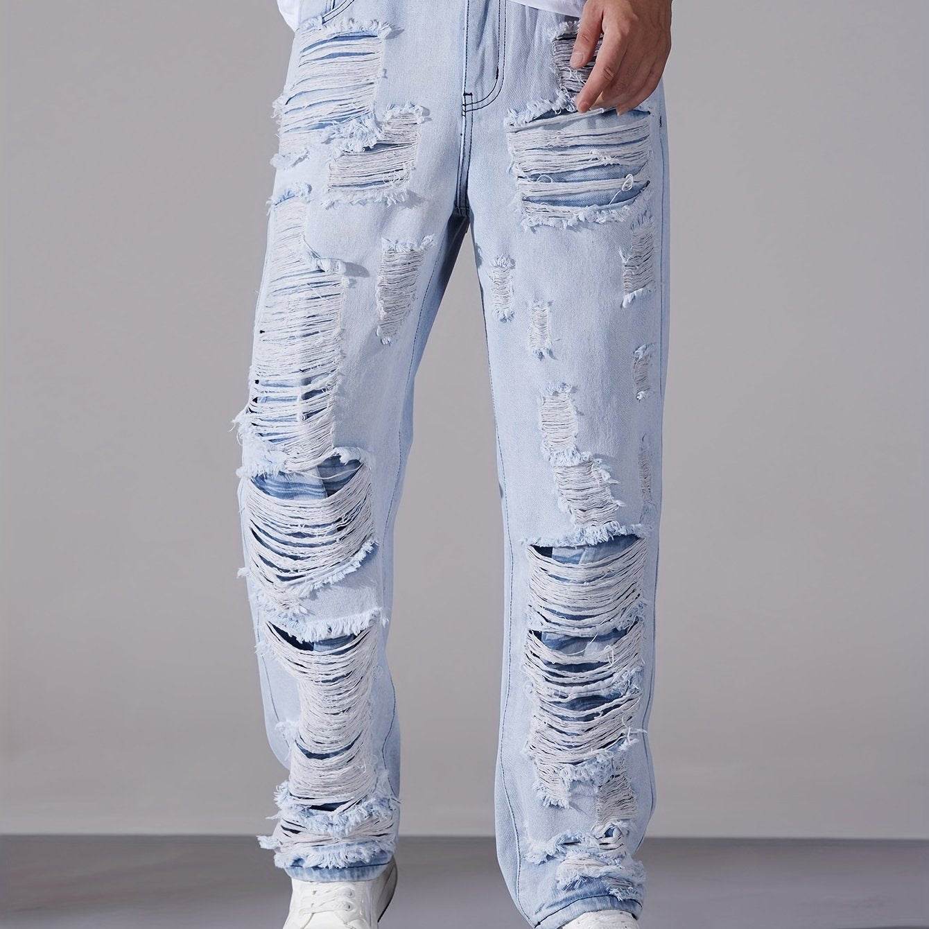 Men's Casual Distressed Denim Jeans - Solid Color, Regular Fit, Ripped Details - Buy Center US
