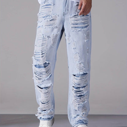 Men's Casual Distressed Denim Jeans - Solid Color, Regular Fit, Ripped Details - Buy Center US