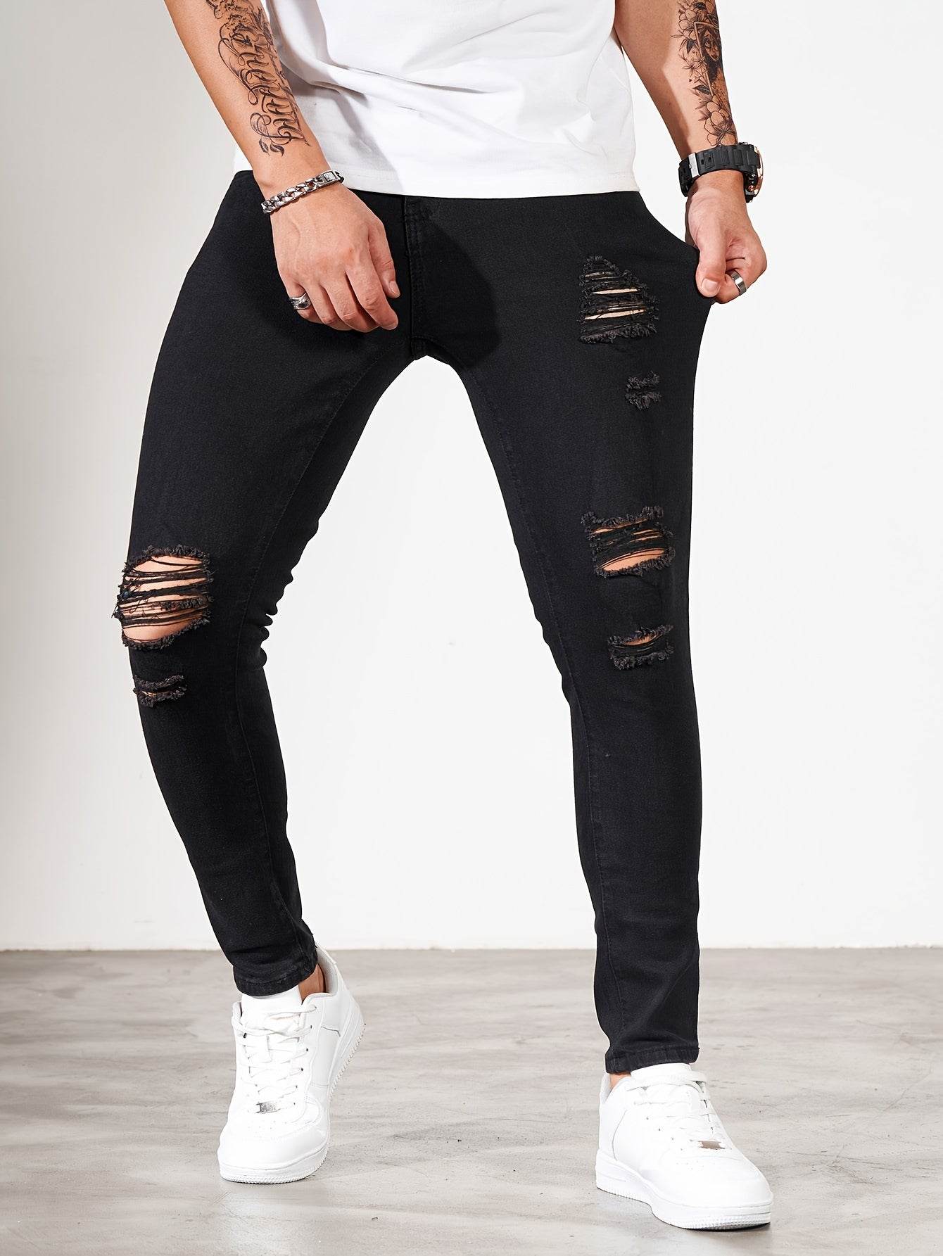 Men's Ripped Skinny Jeans - Stretch Denim Casual Wear | Distressed White/Black - Buy Center US