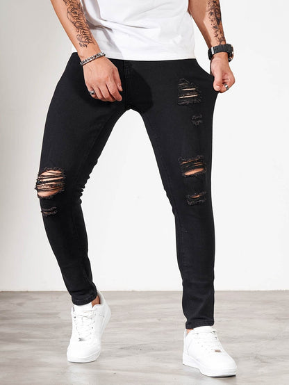 Men's Ripped Skinny Jeans - Stretch Denim Casual Wear | Distressed White/Black - Buy Center US