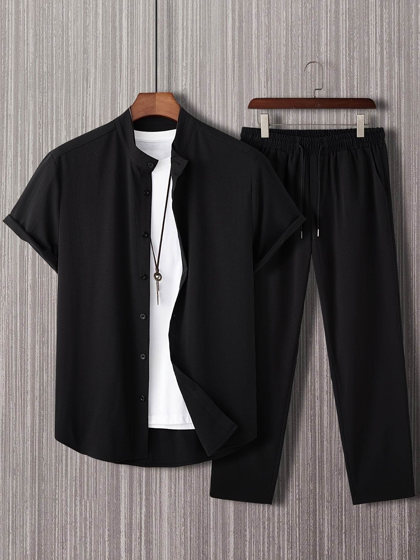 Stylish Men’s Solid Color Casual Shirt & Trouser Set - Perfect for Outings - Buy Center US
