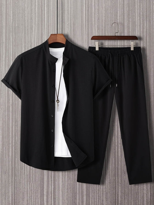 Stylish Men’s Solid Color Casual Shirt & Trouser Set - Perfect for Outings - Buy Center US