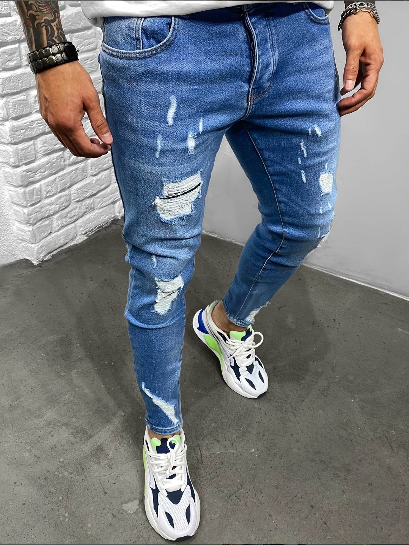 Men's Slim-Fit Denim Jeans - Ripped Knee, Casual Streetwear Style - Buy Center US