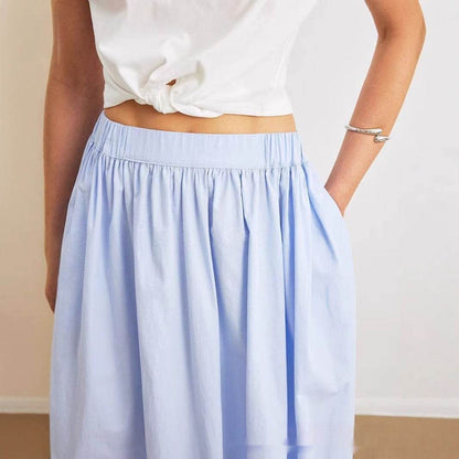Blue High Waist Pleated Skirt - Elegant A-Line Organic Cotton - Buy Center US