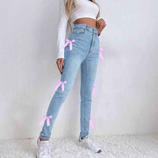 Women's Bow Stretch Jeans - Mid Waist Denim Leggings in Blue - Buy Center US