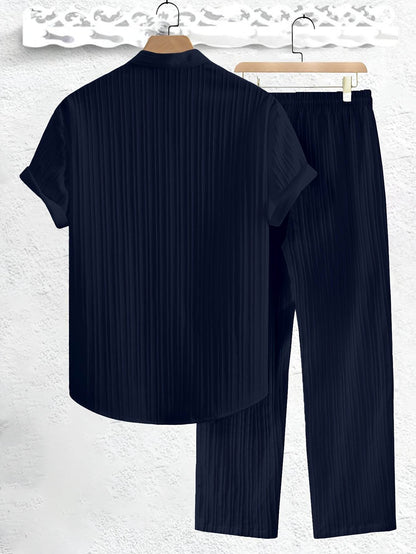 Men's Casual Summer Co-ord Set - Short Sleeve Shirt & Pants, Solid Color - Buy Center US