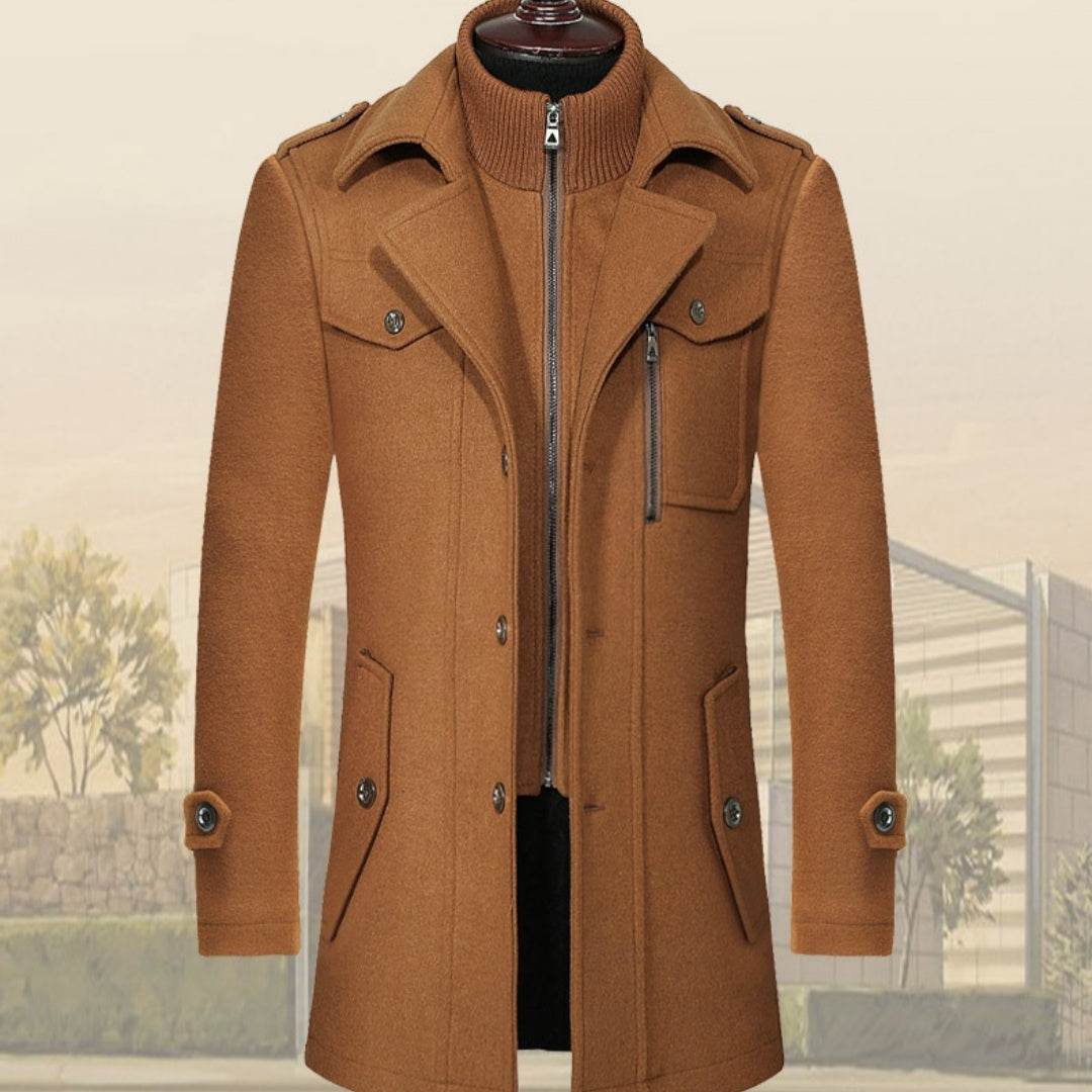 Buycenter Men's Woolen Coat - Double Collar, Standard Zipper Jacket - Buy Center US
