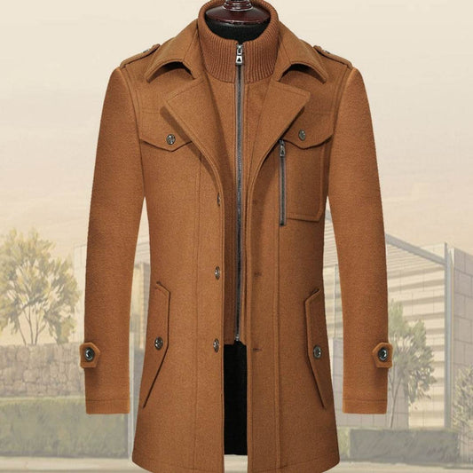 Buycenter Men's Woolen Coat - Double Collar, Standard Zipper Jacket - Buy Center US