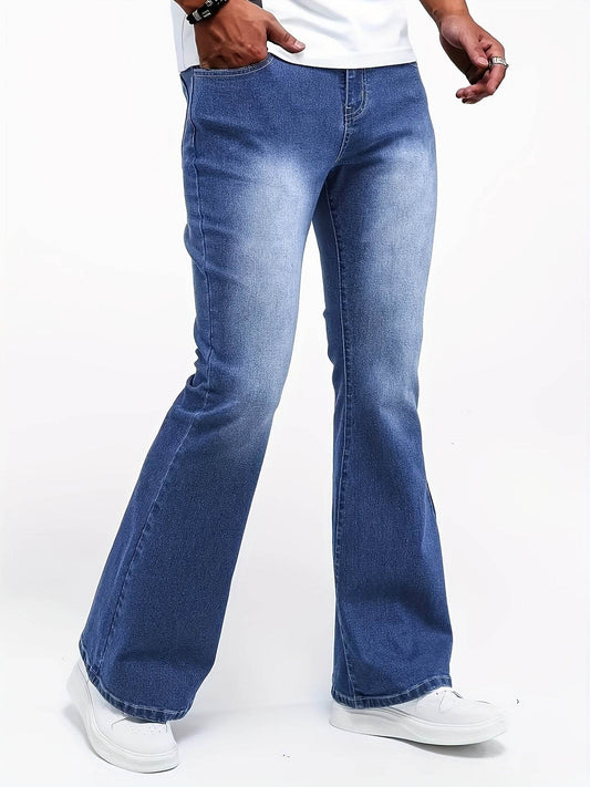 Men's Stretch Flare Jeans - Extra Long Washed Blue Casual Fit Denim - Buy Center US