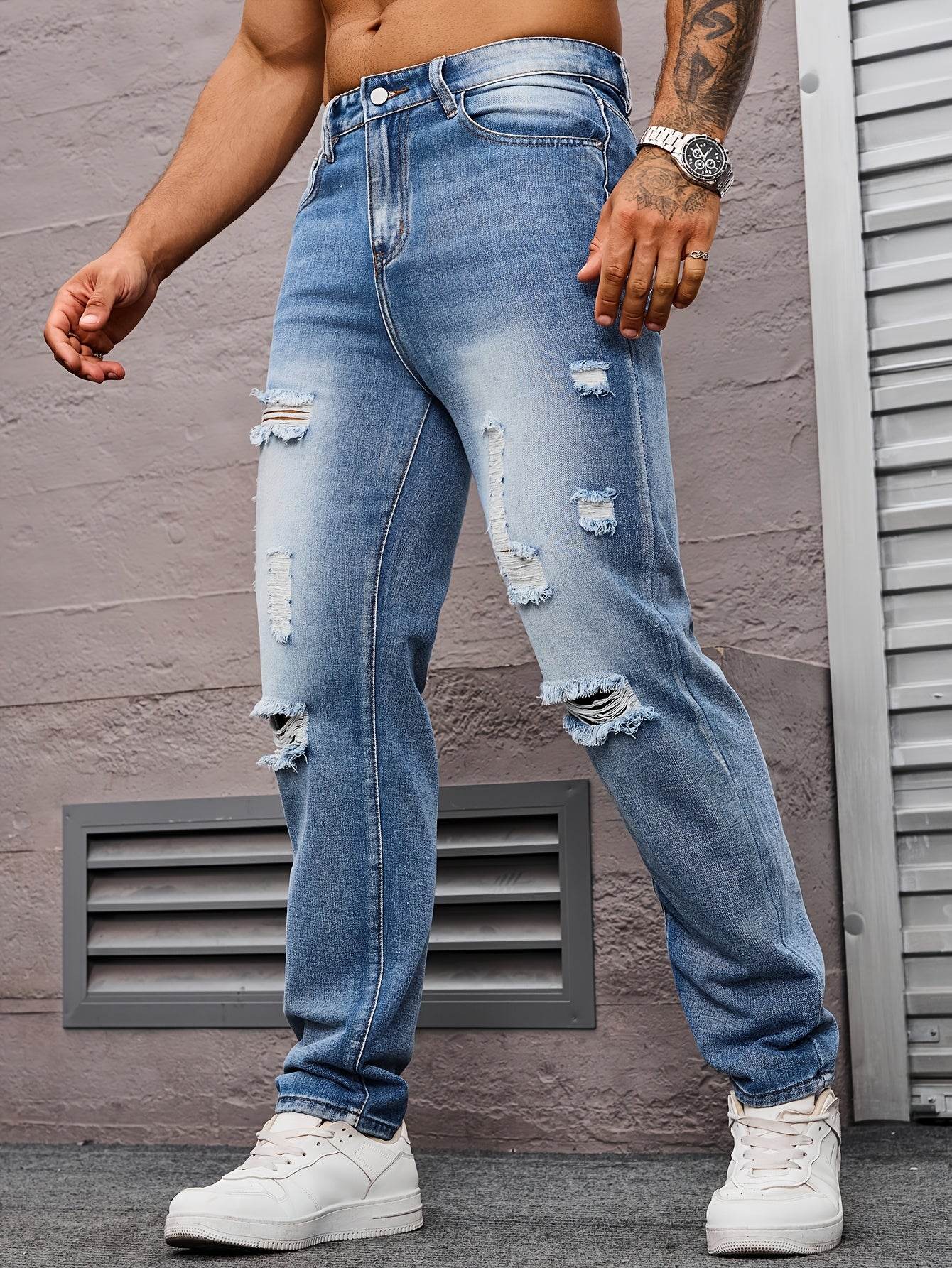 Men's Distressed Light Blue Denim Jeans - Casual Straight Leg for Summer - Buy Center US