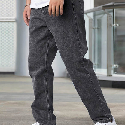 Men's Loose Fit Straight Leg Jeans - Washed Black Cotton Blend, Casual Style - Buy Center US