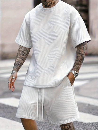 Trendy Summer Loose Men's Casual T-Shirt Set - Round Neck, Solid Color - Buy Center US