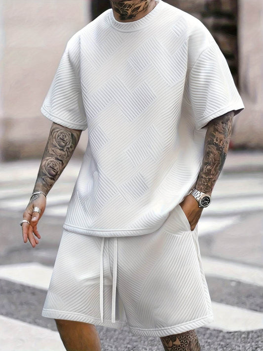 Trendy Summer Loose Men's Casual T-Shirt Set - Round Neck, Solid Color - Buy Center US