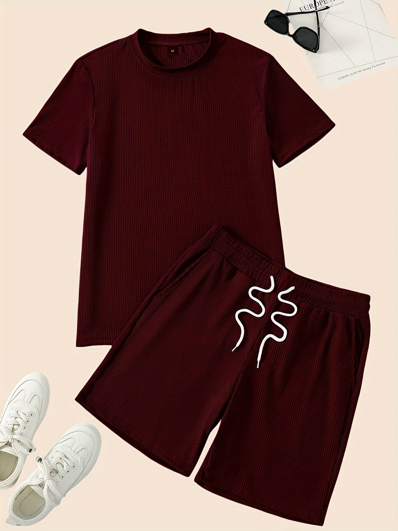 Men's Casual Two-Piece Set - Solid Color Short Sleeve Top & Drawstring Shorts - Buy Center US