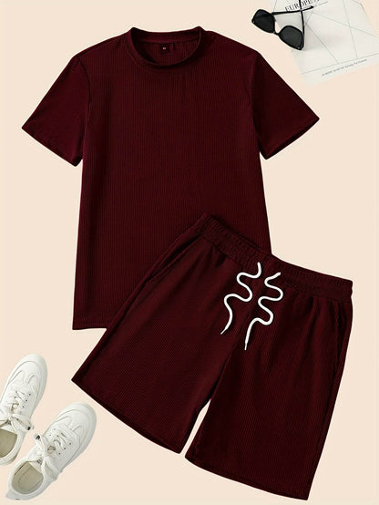 Men's Casual Two-Piece Set - Solid Color Short Sleeve Top & Drawstring Shorts - Buy Center US