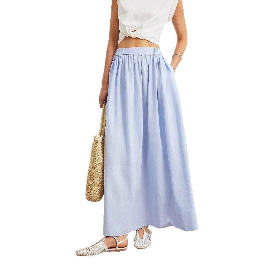Blue High Waist Pleated Skirt - Elegant A-Line Organic Cotton - Buy Center US